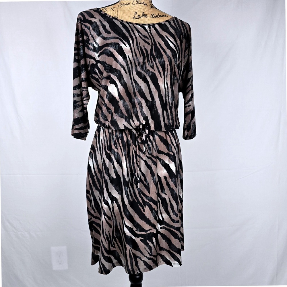 Olivia Matthews Zebra Print Dress Tie Waist 3/4 Sleeve Women's Size‎ 8P